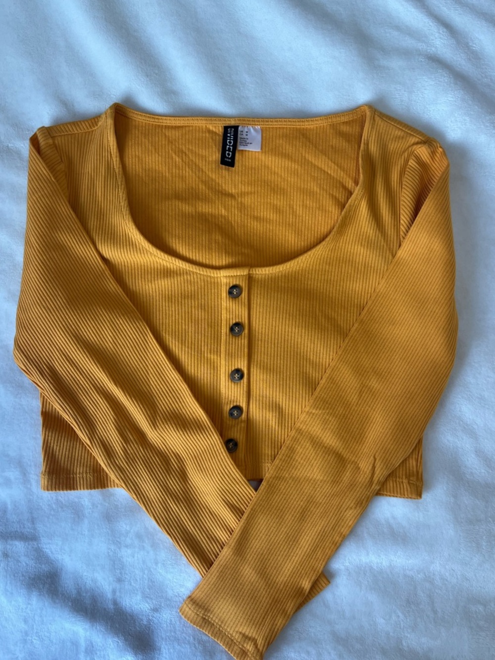 H&M Ribbed Long-Sleeve Button Crop Top in Mustard Yellow